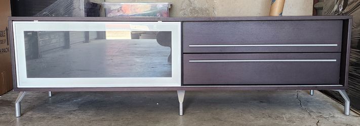 European Imported Media Console / TV Stand – Dark Espresso – Frosted Sliding Glass + Drawers