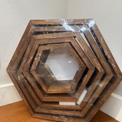NEW Set Of 5 Solid Wood Hexagonal Floating Wall Shelves
