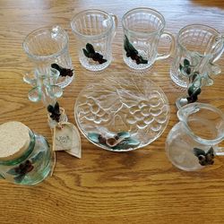 Australian Gum Nut Glass Mugs, Plate, Bud Vases, Creamer, Sugar