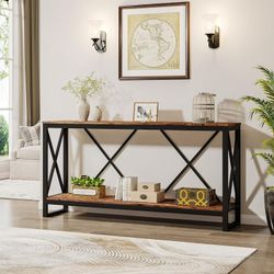70.9" Extra Long Console Table: Industrial & Rustic Sofa Table with Open Shelf, Rustic Brown