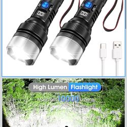 New in box! Flashlight with 10000 Lumens, Type-C Fast Charging & 16-Hour Runtime, 3 Modes, Telescopic Zoom, Waterproof, Compact Handheld Flashlight fo