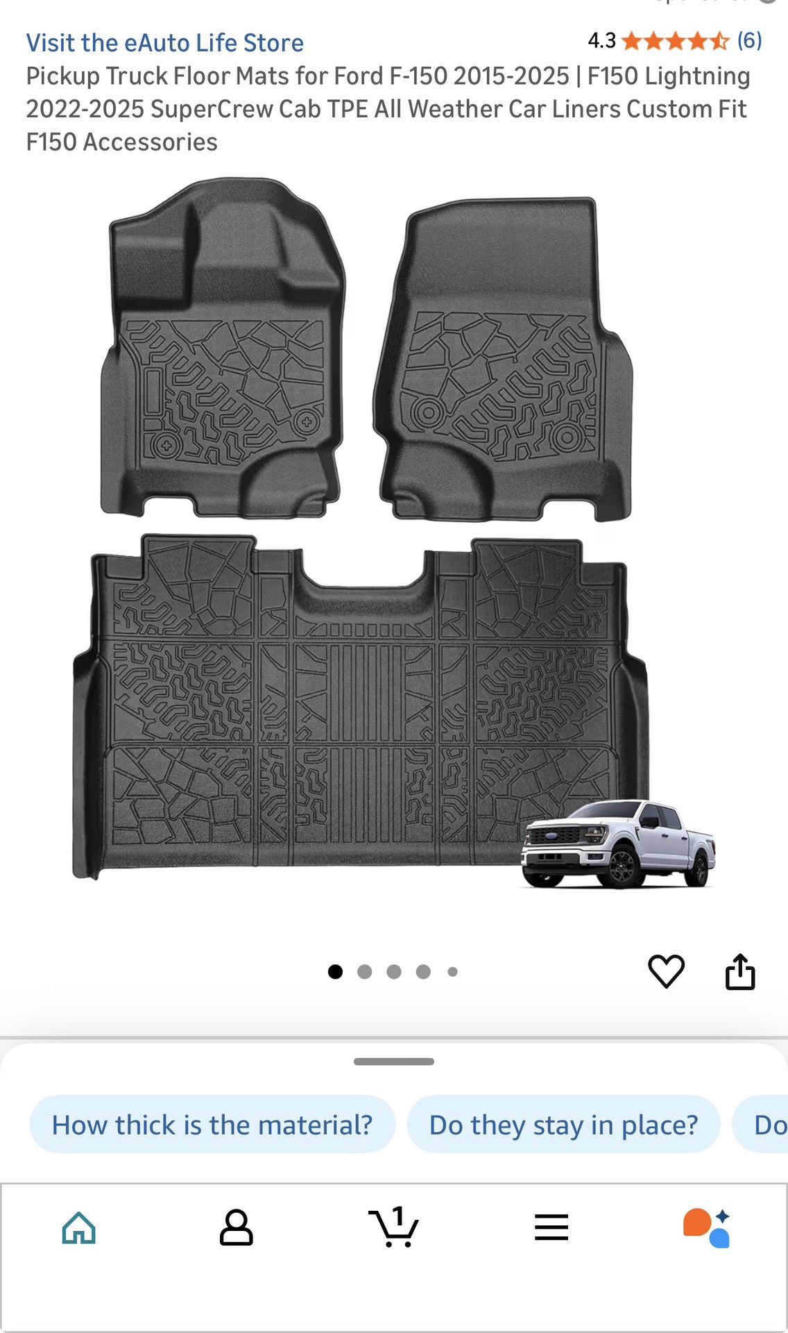Pickup Truck Floor Mats for Ford F-150 2015-2025 | F150 Lightning 2022-2025 SuperCrew Cab TPE All Weather Car Liners Custom Fit F150 Accessories