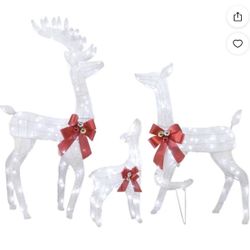 3-Piece LED Reindeer Family Decor Set, 4ft Lighted White Iron Frame Elk Yard Decor for Christmas Outdoor Decoration