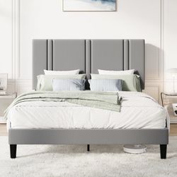 Full Bed Frame, Platform Bed with Upholstered Velvet Adjustable Headboard, Wooden Slats, Easy Assembly, Grey
