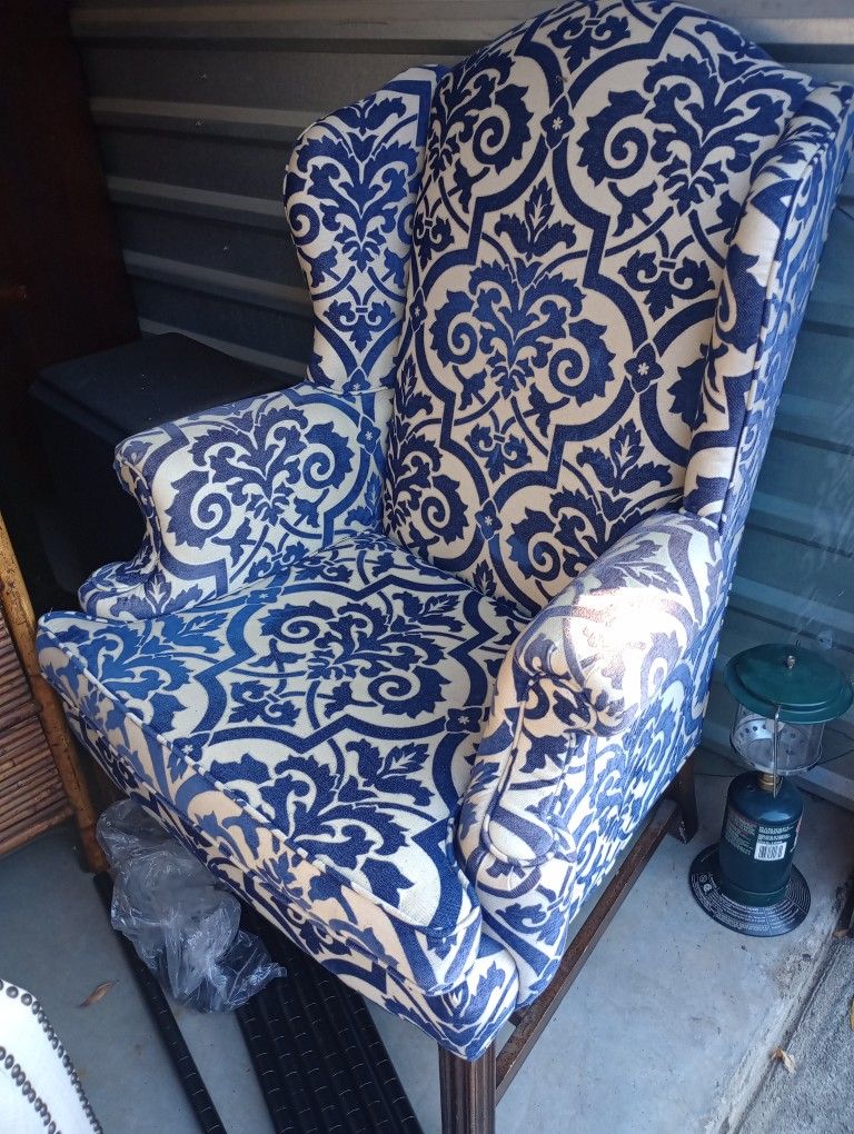 Beautiful Blue Hi Back Armchair With Sun Faded Arm