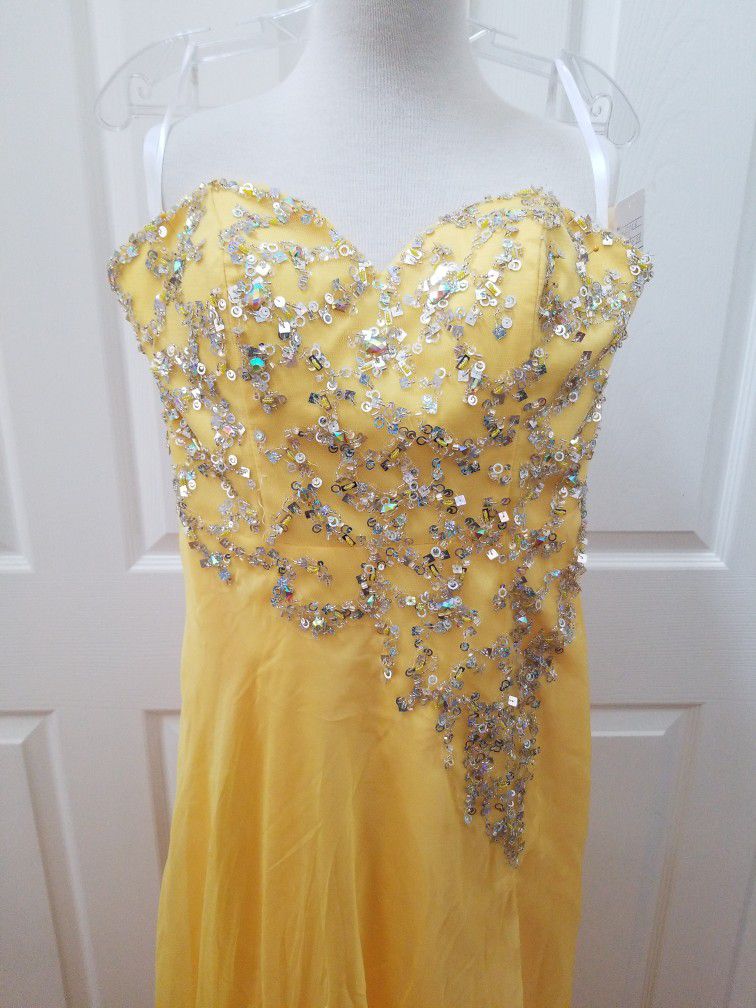 Yellow Strapless Sequined Long Dress Size 8