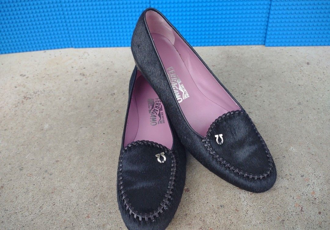 Salvatore Ferragamo Solid Black Calf Hair Loafers Flats Shoes Size 9