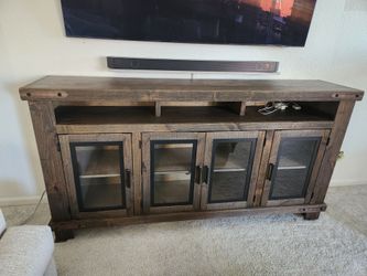 Rustic Wood TV Stand with Glass Cabinet Doors