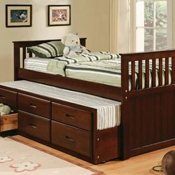 Twin Size Captain Bed with Trundle 3 Drawers Espresso Finish