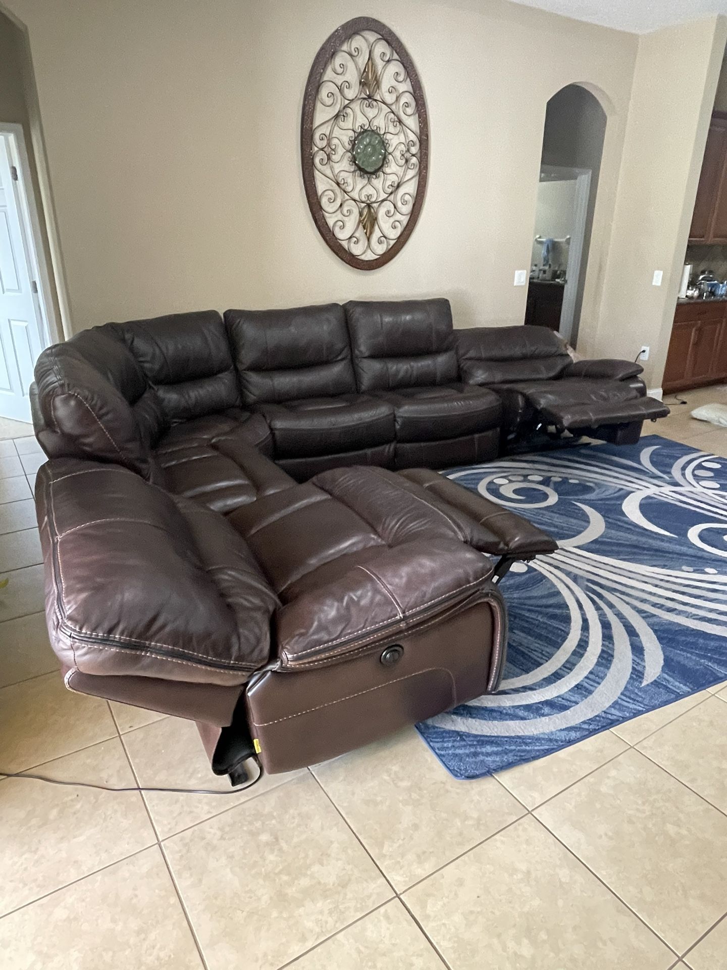 Leather Sofa/ Couch With Motorized Recliner On Both Ends