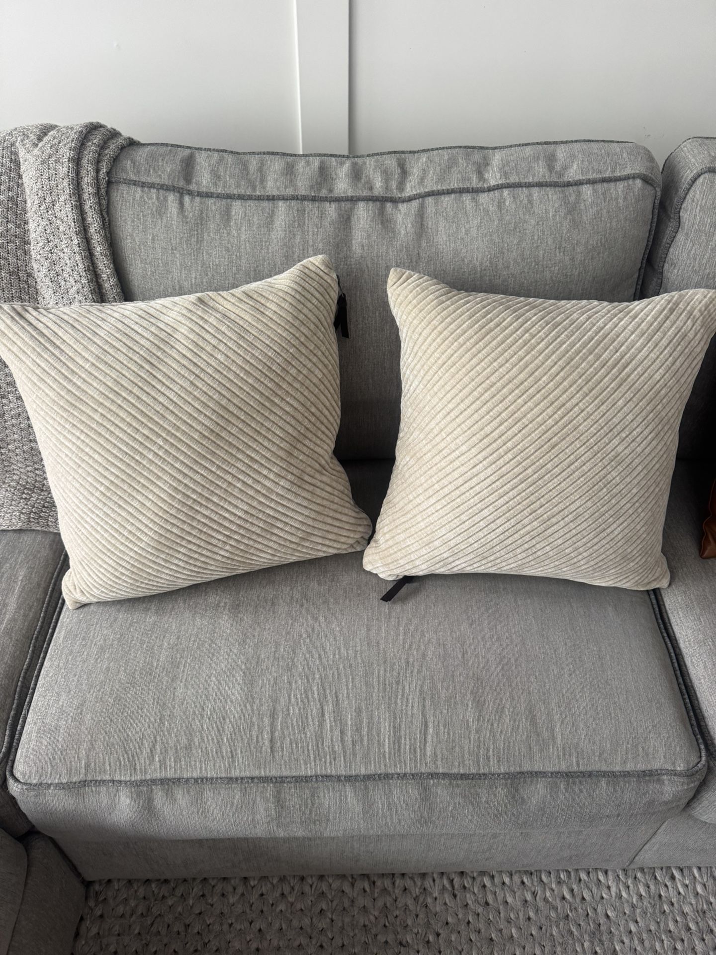 2 West Elm Corded Bias Velvet Pillows in Sand with Down Alternative Inserts