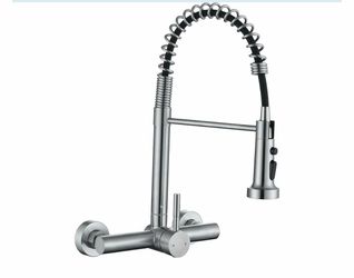 Premium 8" Center Pull-Down Spray Kitchen Faucet - High Arc, Single Handle, Brushed Nickel Wall Mount Sink Faucet with 3-Function Sprayer for Commerci