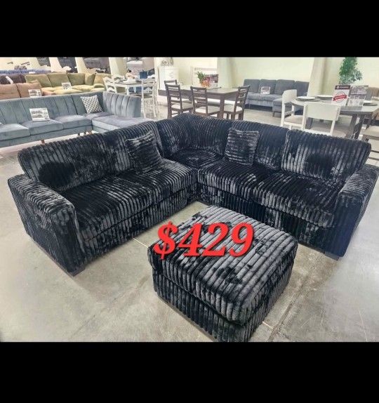Cordroy Modern New Sectional Sofa With Ottoman Black New In Box