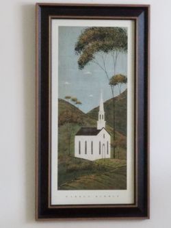 Warren Kimble American Folk Art framed print "Church in Hills" in good condition.