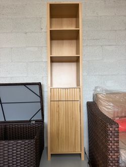 Ktaxon Fluted Bathroom Storage Cabinet Narrow Tall, Freestanding Cabinet Storage Tower with Grille Single Door and One Drawer, Oak