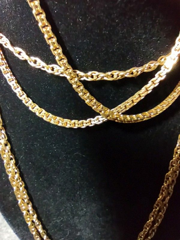 Two Vintage Monet Signed Necklaces Box Chain And One X Long Both Gold Tone.