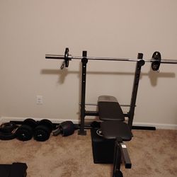 Gold Gym Weight  Bench, Dumbbells, and weights.