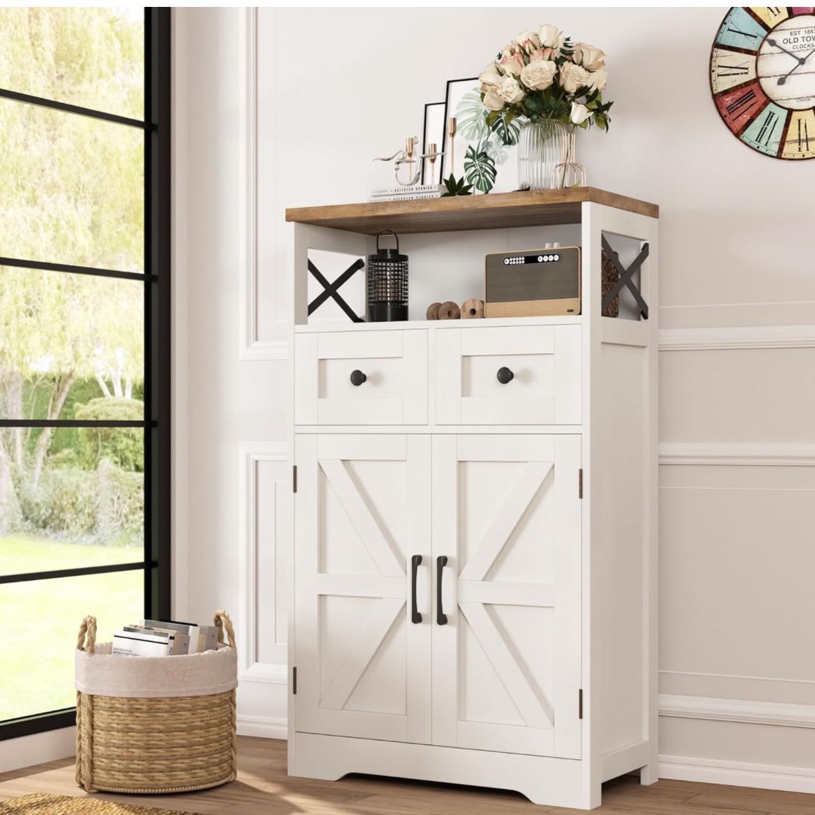Befrases Farmhouse White Storage Cabinet with Doors and Drawers, Freestanding Kitchen Pantry Cabinet, Floor Storage Cabinet Hutch Cupboard for Kitchen