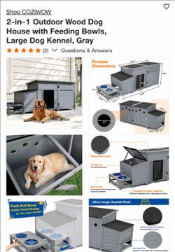 2-in-1 Outdoor Wood Dog House with Feeding Bowls, Large Dog Kennel, Gray