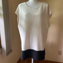DKNY 100% Cotton Color Block Tunic Top Ivory Black Hem Women's Size L