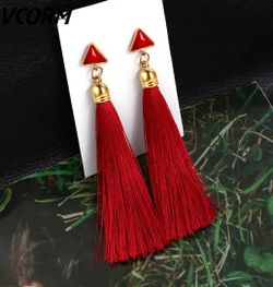NEW... Bohemian Tassel Crystal Long Drop Earrings for Women Red Cotton Silk Fabric Fringe Earrings 2020 Fashion Woman Jewelry