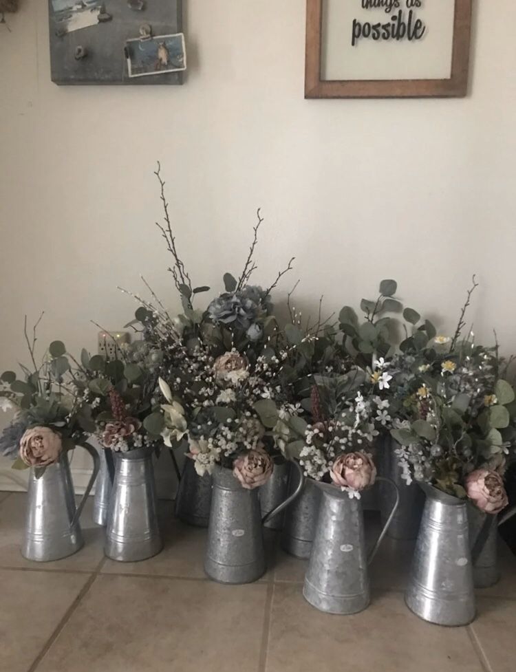 Faux Flowers In Galvanized Metal Pitcher