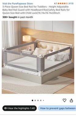 PurePapoose 3-Piece Queen Size Bed Rail for Toddlers - Height Adjustable with Child Lock