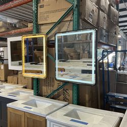 LED Mirror in Black , Gold and Brushed Nickel  Frame and Anti-Fog Prices Start at $129.99 all sizes available   Luke’s liquidations warehouse Address: