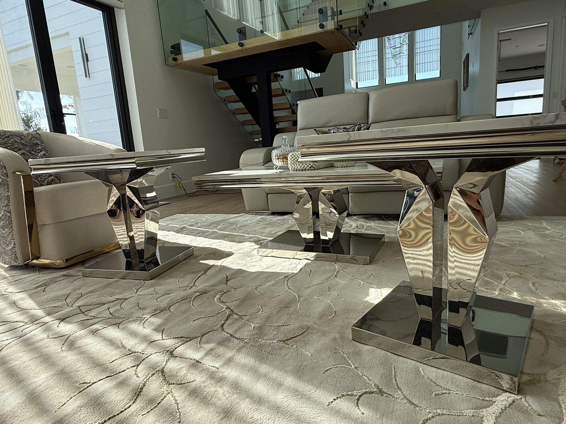 3 Pieces Coffee Table Set, White Faux Marble Coffee Table with 2 Square End Side Tables,Modern Living Room Table Set with Polished Stainless Stee