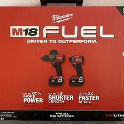 Milwaukee M18 FUEL 18V Lithium-Ion Brushless Cordless Hammer Drill and Impact Driver Combo Kit (2-Tool) with Two 5Ah Batteries NEW, NEVER BEEN USED RE