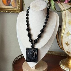 Vintage Carved Ebony Lucite Cameo Pendant black mourning cameo necklace  (41)76