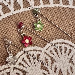 3 Steel Silver Tone Hijab Pins Red, Green & Clear Crystal Dangle Flowers