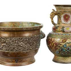 CHINESE BRONZE CENSER & CLOISONNE URN 
