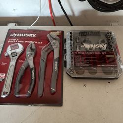 Three piece, pliers and ratchet set 46 piece stubby tool set