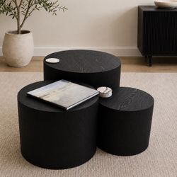 Nesting Coffee Table Set of 3, Round Wooden Coffee Tables, Modern Circle Table for Living Room, Bedroom, Black Side Table End Table, Saving Space Desi