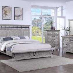 Brand New Gray Queen Bedframe With Bench + Dresser + Mirror + Nightstand 4PCs Set