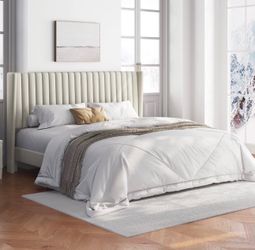 Tufted Fabric Platform Bed Frame, Wing Side Upholstered Bed with Wood Slats, No Box Spring Required for Bedroom, Beige(King)