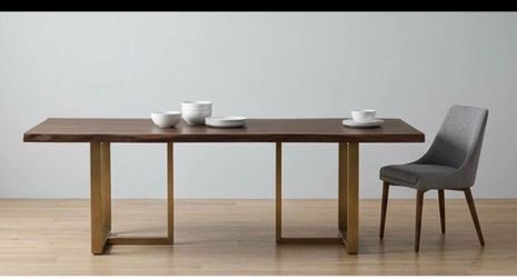 Everly Quinn Minni Acacia Wood Slab Dining Table - Gold Base plus 4 beautiful chairs & bench