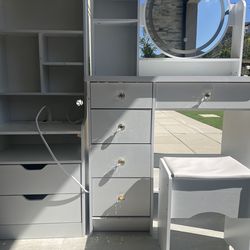 Vanity with mirror, bench and standalone storage unit