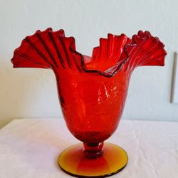 Vintage MCM Blenko Amberina Crackle Glass Vase w/Crimped Ruffled Edge