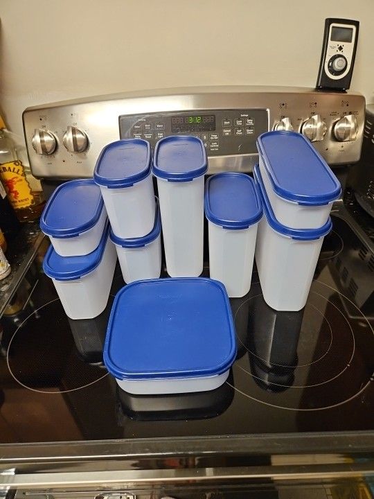 Set Of 9 Vintage Tupperware Modular Mates W Blue Lids Assorted Sizes