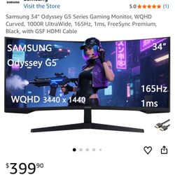 Samsung 34" Odyssey G5 Series Gaming Monitor, WQHD Curved, 1000R UltraWide, 165Hz, 1ms, FreeSync Premium, Black, 