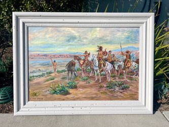 Large 33”x 44”’Vintage Original Oil on Canvas Painting Native American Western Landscape Painting Angus Rose ‘81