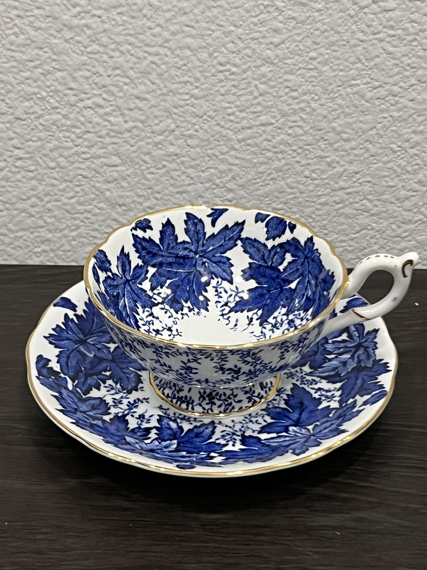 Vintage Coalport Blue Ivy Leaves Chintz Footed Tea Cup & Saucer Gold Trim B
