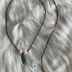 Leather Choker With Freshwater Pearls And Verdigris Patina Feather Pendant 