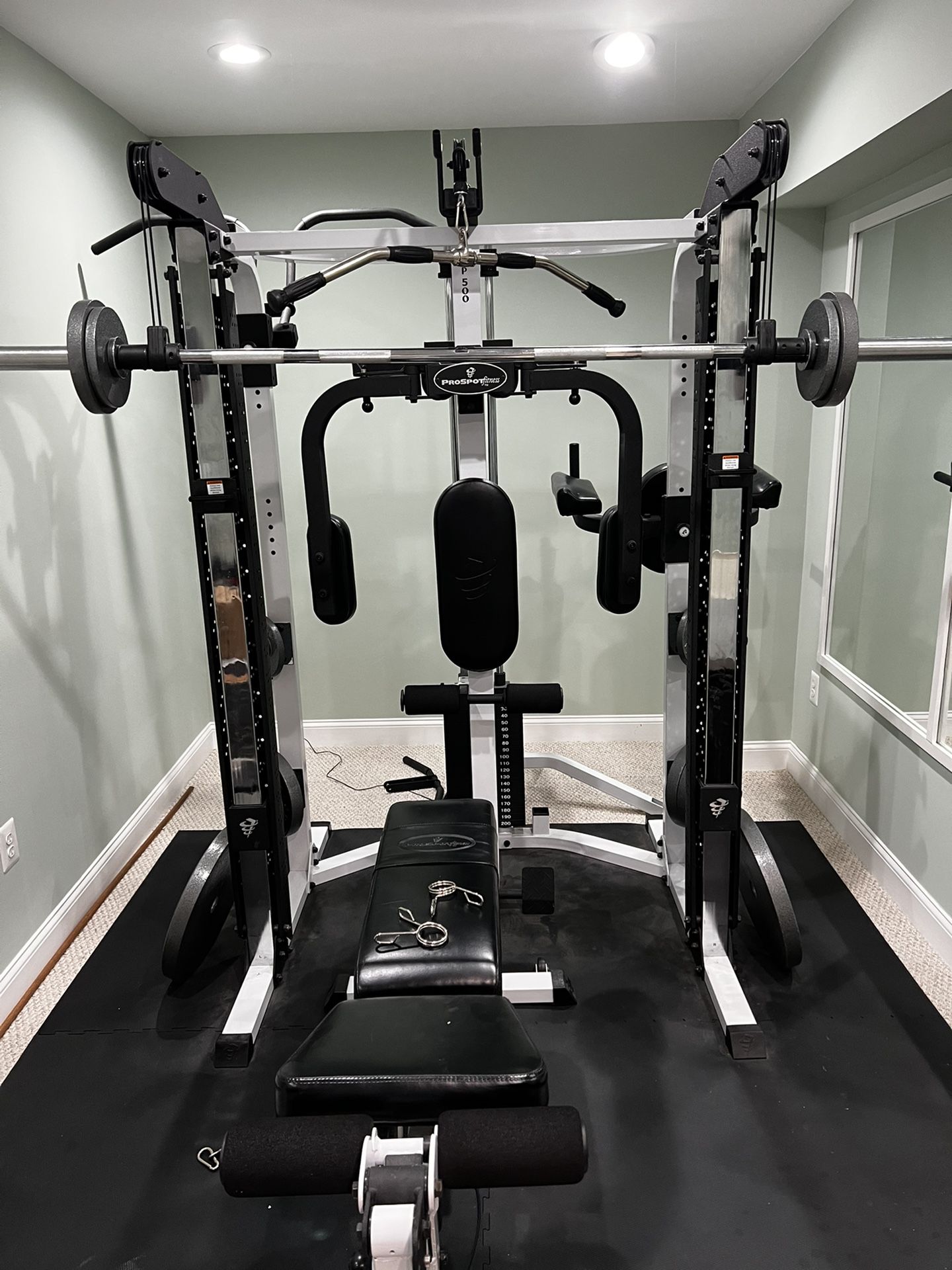 PRO SPOT FITNESS P500 HOME GYM, BENCH, AND WEIGHTS.