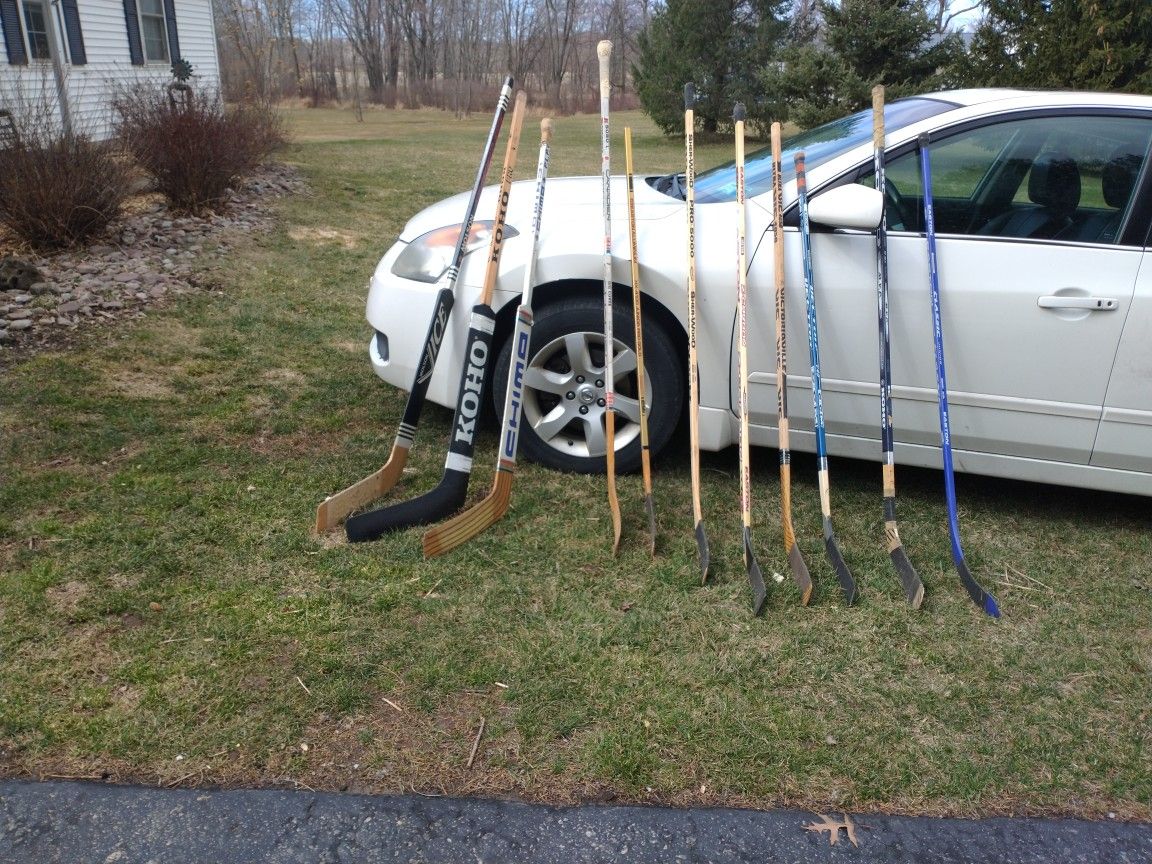 16 Hockey Sticks & 2 Pucks.