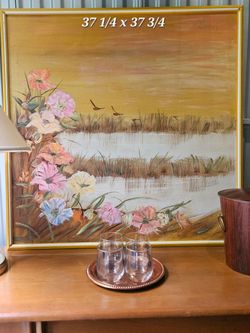 Vintage mid-century style oil painting on canvas