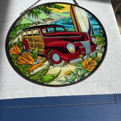 Stained Glass look Woody Station Wagon in Hawaii 10" Oval Sun Catcher Joan Baker