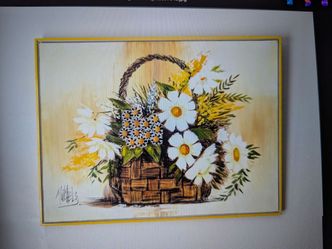 Large Mid Century Vintage 1960s Yellow Daisies Flowers in Basket Still Life Acry